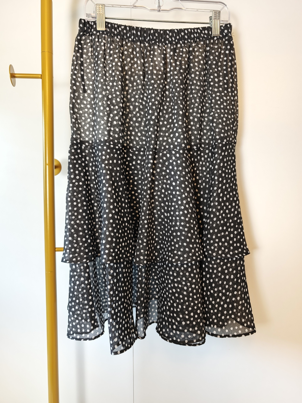 Fairy Grunge Leslie Fay Sheer Black and White Polka Dot Tiered Midi Skirt